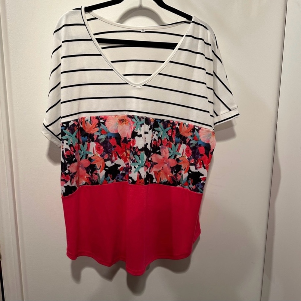 Vibrant Floral and Stripe V-Neck Tee